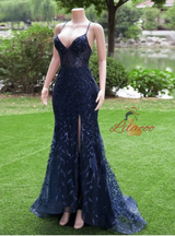 Navy Blue Mermaid Spaghetti Straps Prom Dress