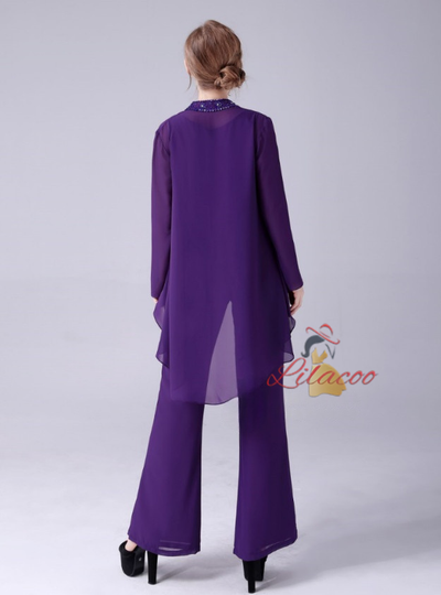 Purple Chiffon 3 Piece Beading Mother Of The Bride Dress