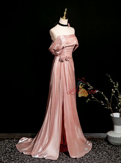 Pink Off the Shoulder Pleats Beading Prom Dress