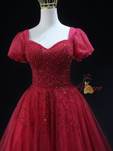 Burgundy Tulle Sequins Short Sleeve Homecoming Dress