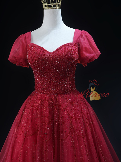 Burgundy Tulle Sequins Short Sleeve Homecoming Dress
