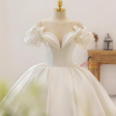 Ivory Satin Off the Shoulder Pleats Wedding Dress