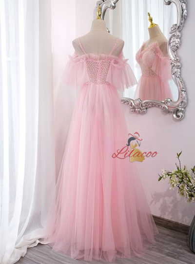 Blue Tulle Spaghetti Straps Beading Prom Dress