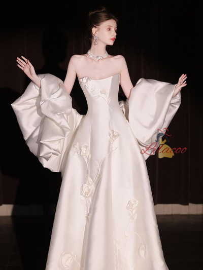 Ivory Strapless Satin 3D Flower Wedding Dress