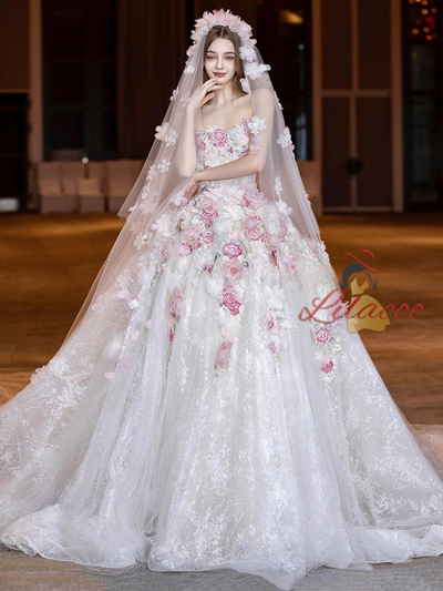White Tulle Strapless 3D Flower Wedding Dress
