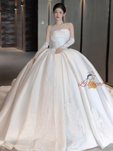 Vintage Ivory Satin Strapless Lace Wedding Dress
