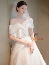 White Satin Off the Shoulder Pleats Wedding Dress