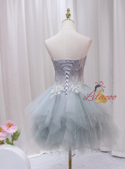 Gray Tulle Feather Appliques Homecoming Dress