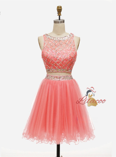 Green Tulle Two Piece Beading Homecoming Dress