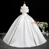 Beige White Satin Flower Pleats Wedding Dress