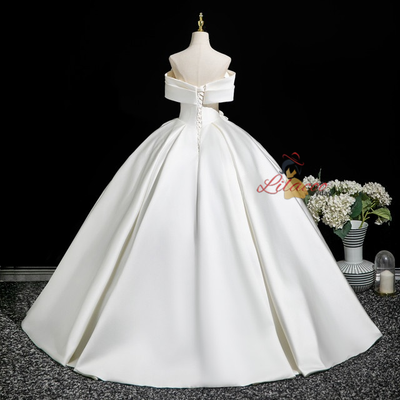 Beige White Satin Flower Pleats Wedding Dress