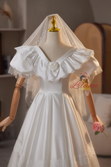 White Satin Lace V-neck Wedding Dress