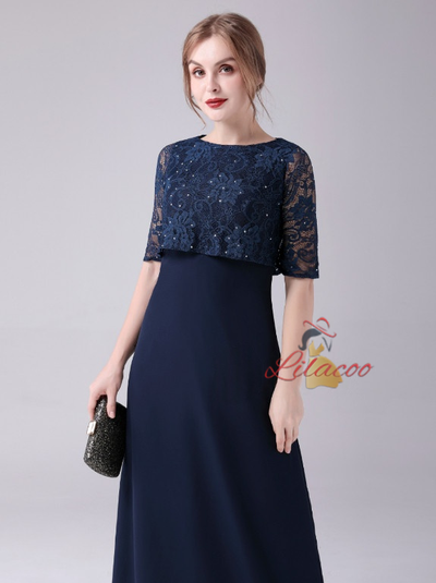 Navy Blue Chiffon Lace Mother Of The Bride Dress