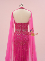 Fuchsia Mermaid Tulle Halter Beading Sequins Prom Dress