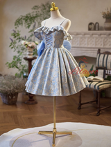 Blue Spaghetti Straps Bow Homecoming Dress
