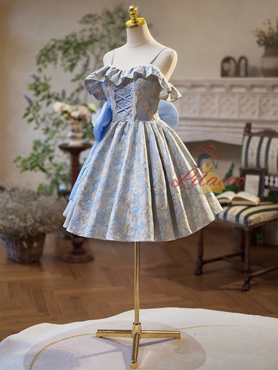 Blue Spaghetti Straps Bow Homecoming Dress