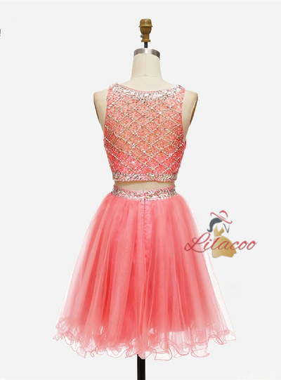 Green Tulle Two Piece Beading Homecoming Dress