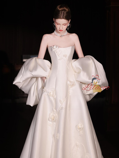 Ivory Strapless Satin 3D Flower Wedding Dress
