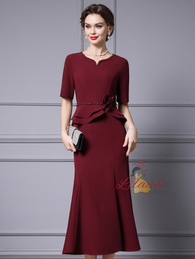 Short Sleeve Beading Pearls Mother Of The Bride Dress