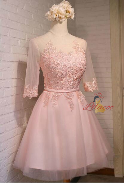 Light Yellow Lace Short Sleeve Homecoming Dress