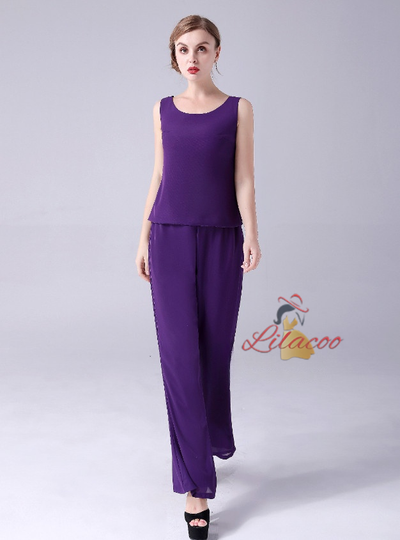 Purple Chiffon 3 Piece Beading Mother Of The Bride Dress