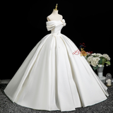 Beige White Satin Flower Pleats Wedding Dress