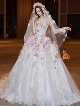 White Tulle Strapless 3D Flower Wedding Dress