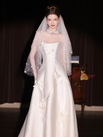 Ivory Strapless Satin 3D Flower Wedding Dress