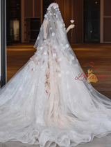 White Tulle Strapless 3D Flower Wedding Dress