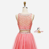 Green Tulle Two Piece Beading Homecoming Dress