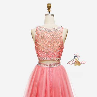 Green Tulle Two Piece Beading Homecoming Dress
