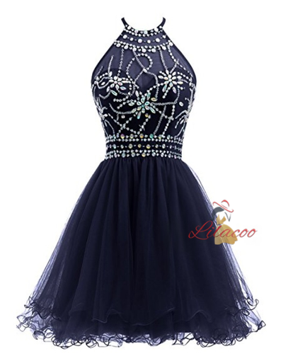 Black Tulle Halter Backless Homecoming Dress