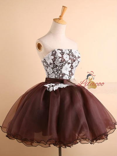 Brown Strapless Lace Homecoming Dress