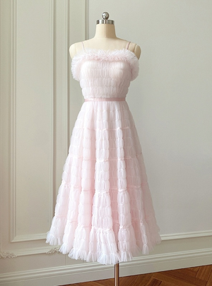 Pink Tulle Spaghetti Straps Prom Dress