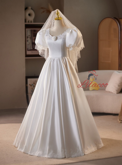 White Satin Lace Puff Sleeve Wedding Dress