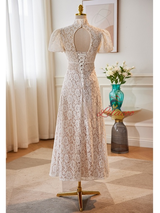 Lace Backless Tea Length Wedding Dress