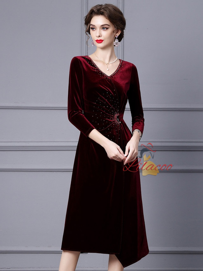 Yellow Velvet 3/4 Sleeve Mother Of The Bride Dress