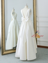 Ivory White Satin V-neck Backless Wedding Dress