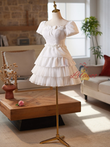 White Puff Sleeve Tiers Bow Homecoming Dress