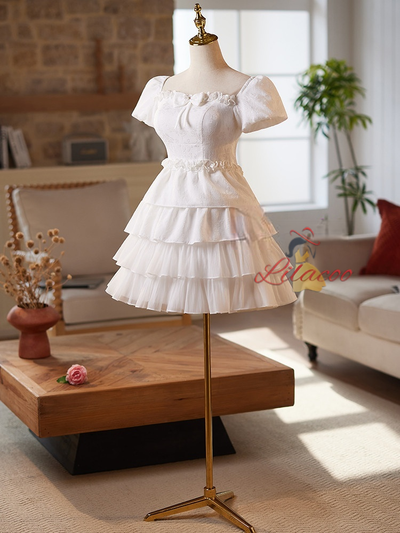 White Puff Sleeve Tiers Bow Homecoming Dress