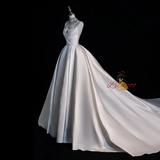 White Satin Straps Pleats Backless Wedding Dress