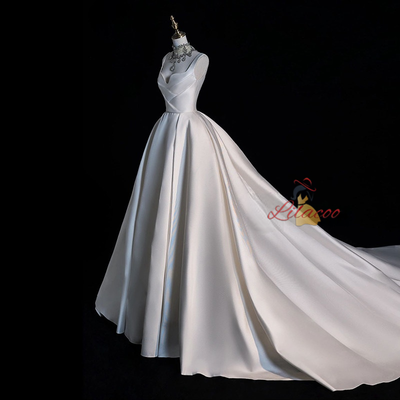 White Satin Straps Pleats Backless Wedding Dress