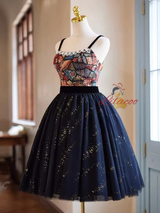 Black Tulle Sequins Print Homecoming Dress