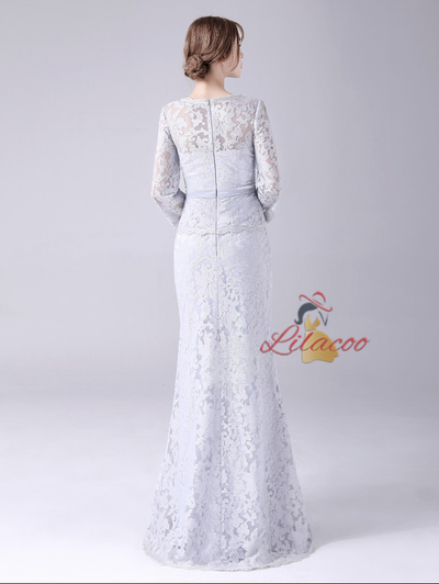 Gray Lace Long Sleeve Mother Of The Bride Dress