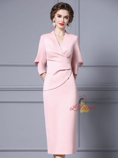 Pink V-neck Pleats Mother Of The Bride Dress