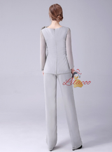 Gray Chiffon Long Sleeve Two Piece Mother Of The Bride Dress