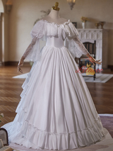 White Satin Lace Long Sleeve Wedding Dress
