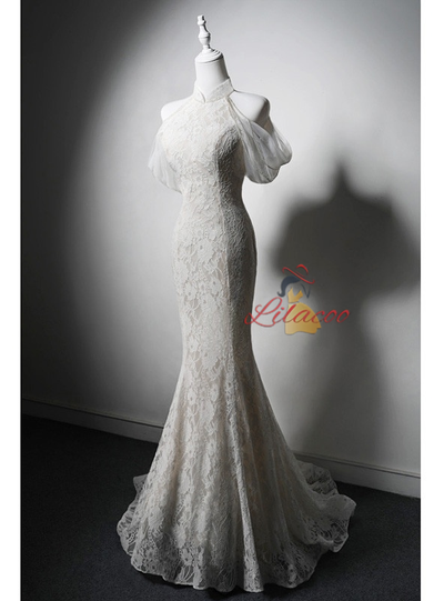 White Mermaid Lace High Neck Wedding Dress