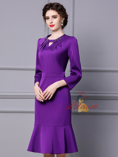 Purple Long Sleeve Beading Mother Of The Bride Dress