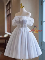 Gray Tulle Off the Shoulder Beading Homecoming Dress
